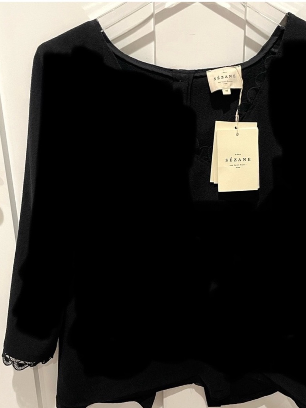Sezane Black Lace-Trim Blouse